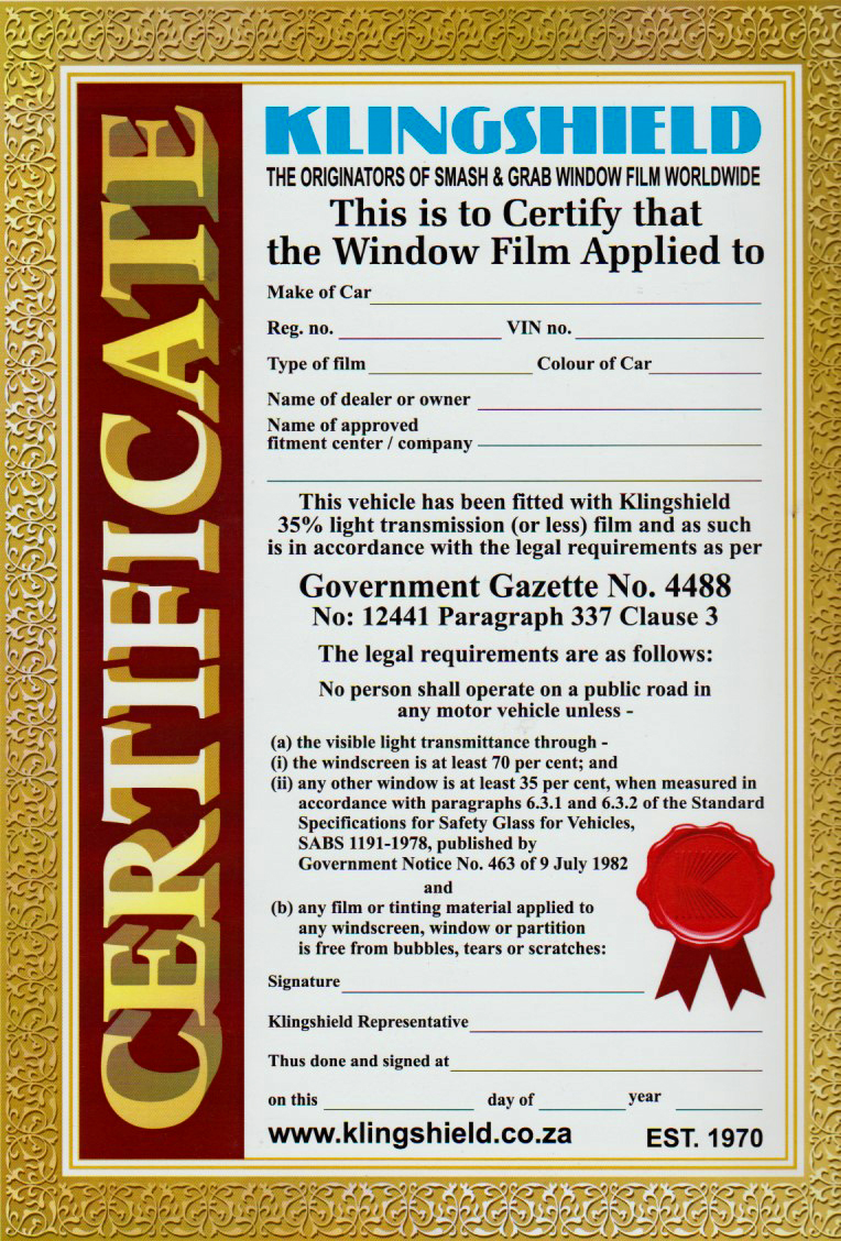 Tint Law Certificate